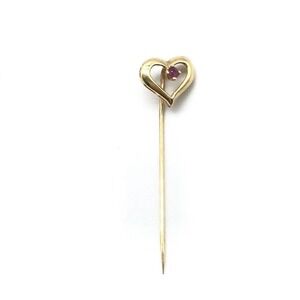 14K Solid Yellow Gold Vintage Ruby Stone Open Heart Love Themed Stick Pin